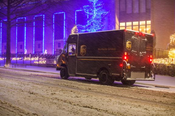 UPS truck in the snow